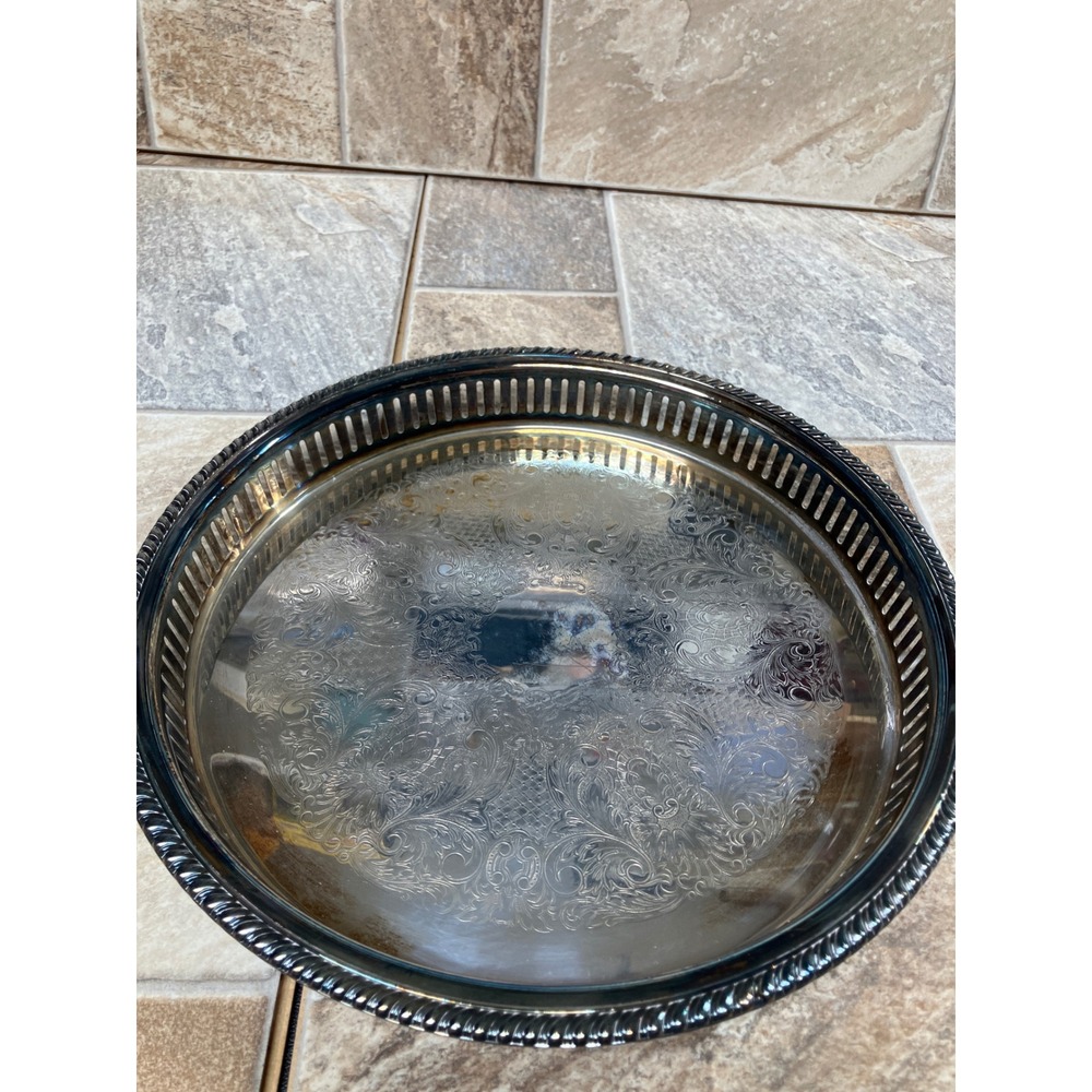 Leonard Silverplate Round Pierced Gallery Tray Etched Floral Scroll 12.5 Inch